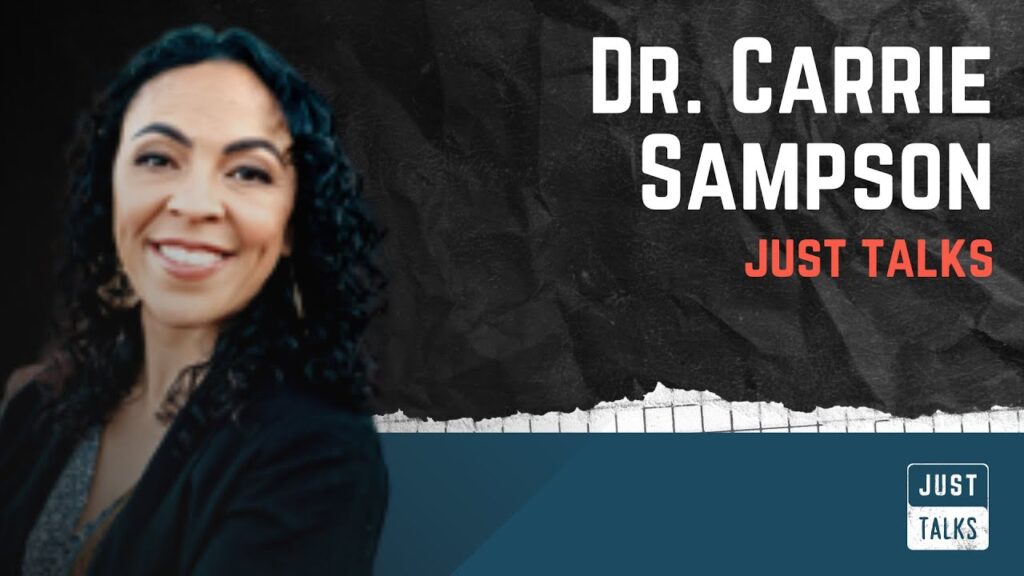 Smiling woman in "Just Talks" presentation.