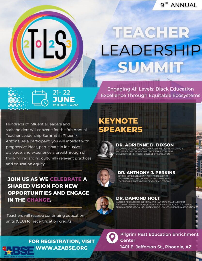 Poster for the Teacher Leadership Summit featuring keynote speakers and event details.