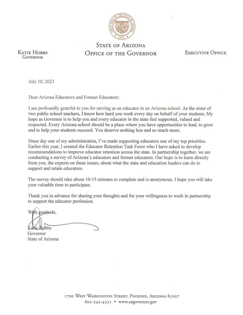 Governor's Letter to AZ Educators