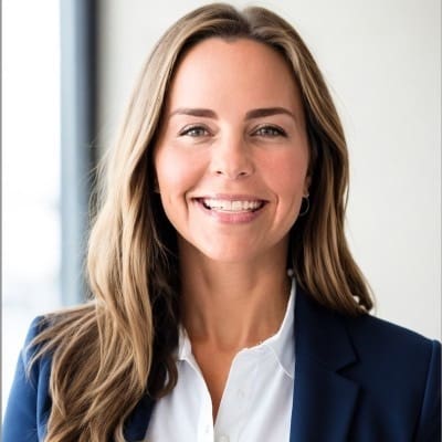 Smiling woman in business attire, indoors.